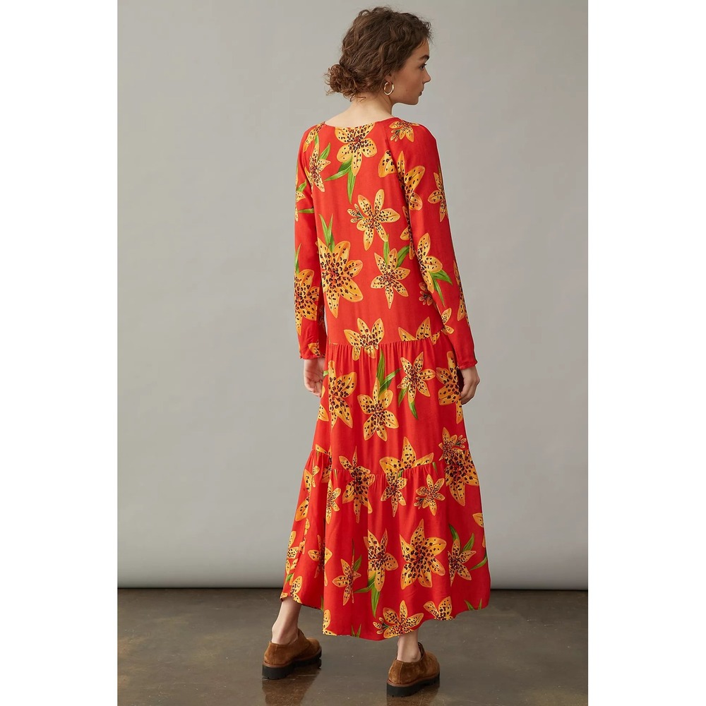 Farm Rio Maxi Dress Womens XL Red Golden Lily Boho Tiered Long Sleeve Viscose - Picture 3 of 10